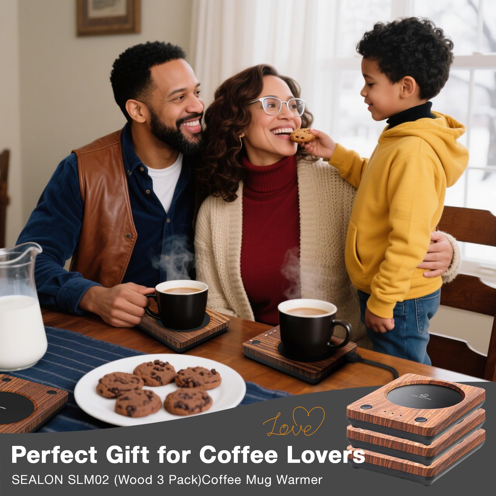 SEALON SLM02 Electric Coffee Mug Warmer (Wood, 3-Pack) - 3-Temperature Desk Cup Warmer with Auto Shut-Off (4 Hours) for Heating Coffee, Tea, Milk & Beverages
