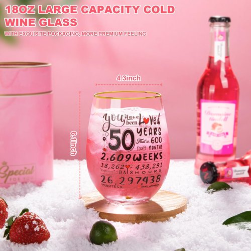 50th Birthday Gifts for Her - Funny 1975 Engraved 50th Birthday Gifts Ideas for Women, Friend, Sister, Mom - 50th Birthday Decorations Present for Women - Time Commemoration 50th Wine Glass 18 oz