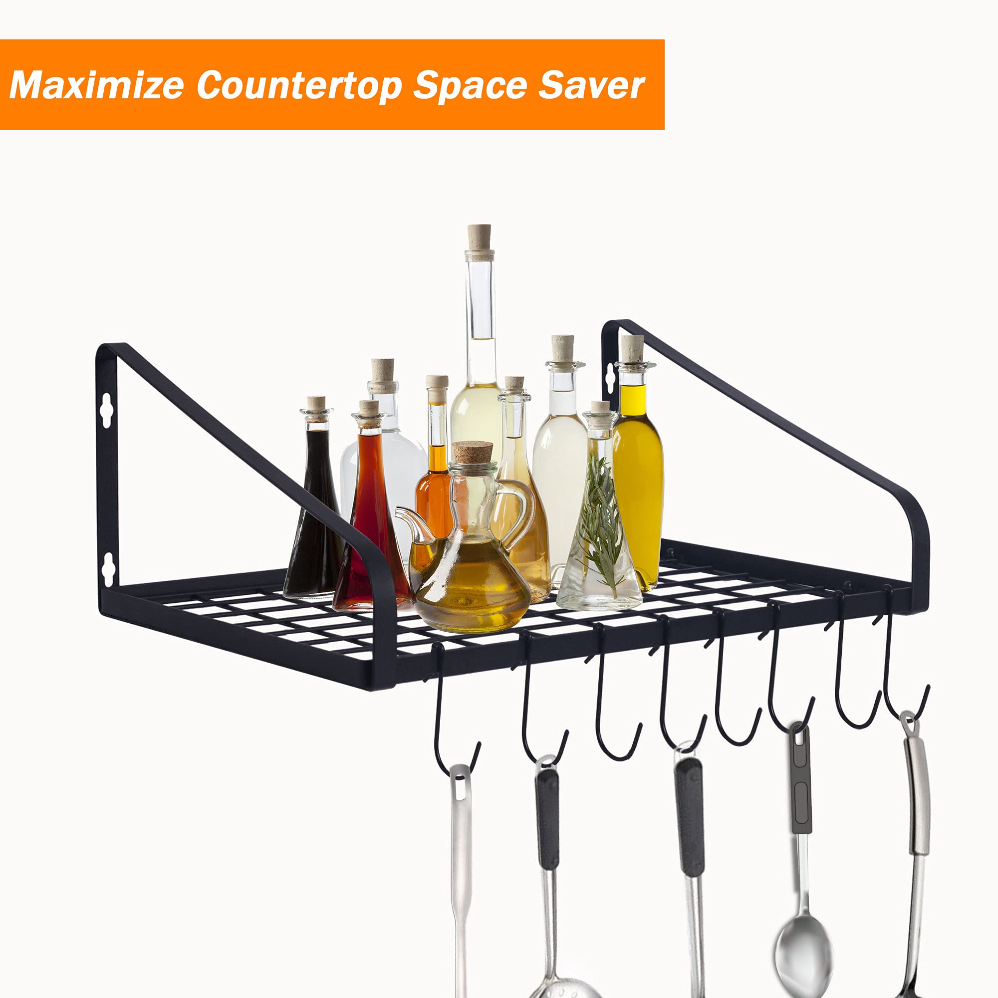 ZHOHO TANT Pot and Pan Hanger, Wall Mounted Pots and Pan Hanging Rack with 8 Hooks for Kitchen Cookware Utensils 2 DIY Methods Black Steel Hanging Pot Rack