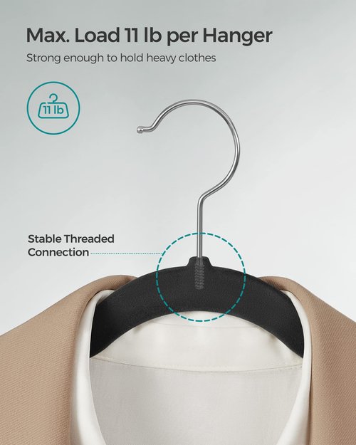 SONGMICS Velvet Hangers 50 Pack, Non-Slip Clothes Hangers, with Shoulder Notches, Pants Bar, 360° Swivel Hook, Space-Saving, for Closet, Ink Black UCRF029B05