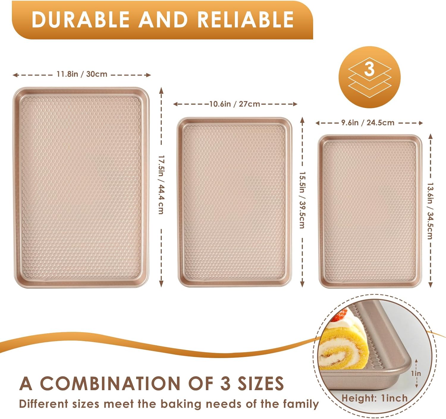 Skiennix Baking Sheet Pan Set - Nonstick Carbon Steel Cookie Sheets | Heavy Duty & Easy Clean, Rose Gold - 3-Piece Set