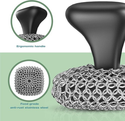 Cast Iron Scrubber - 316 Chainmail Cleaner for Pans & Skillets | Dishwasher Safe, Black