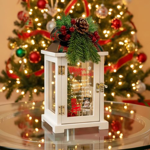 Christmas In Heaven Memorial Lantern - Small Photo Frame & Wreath | Thoughtful Gift for Loved Ones