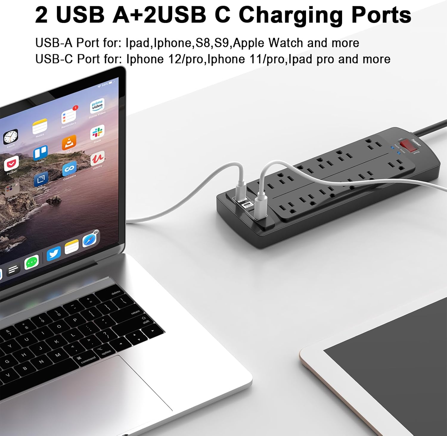 Teiobar Surge Protector Power Strip - 6 Ft Extension Cord with 12 AC Outlets & 4 USB Ports | Black, 1875W/15A