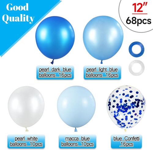 68Pcs Blue and White Balloon Kit - 12 Inch Confetti & Pearl Balloons for Birthday, Wedding, Baby Shower