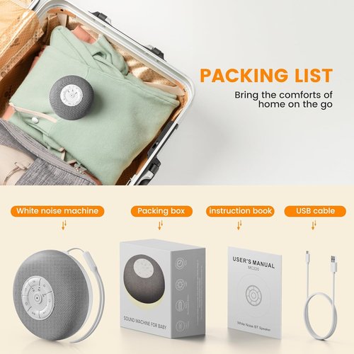 YEVIK Portable Sound Machine for Baby, Soothing Sleep Assistant with 39 Sounds & Night Light for Nursery, Travel, Kids & Adults (USB-C Rechargeable, Auto-Off Timer)