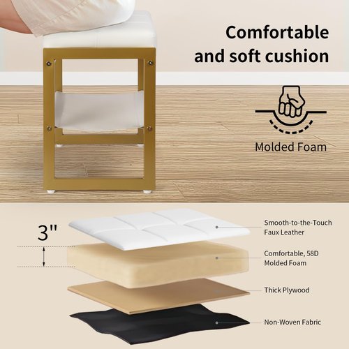 FrexCheng Vanity Stool, Faux Leather Vanity Chair Stool for Dressing Table, Modern Gold Metal Footstool Ottoman for Bedroom & Living Room, White & Gold