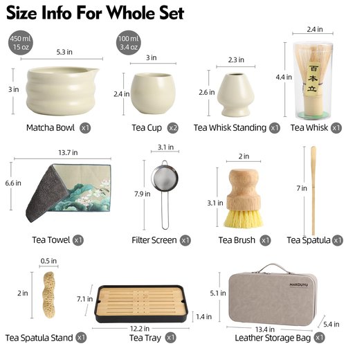 MAKOUYU 12 Pcs Matcha whisk Set,15 OZ,Japanese Matcha Set,With 2 Cups and 1 Leather Storage Bag,Complete Travel Matcha Kit Set,Perfect Matcha Kit for Matcha Tea Ceremony（Beige）