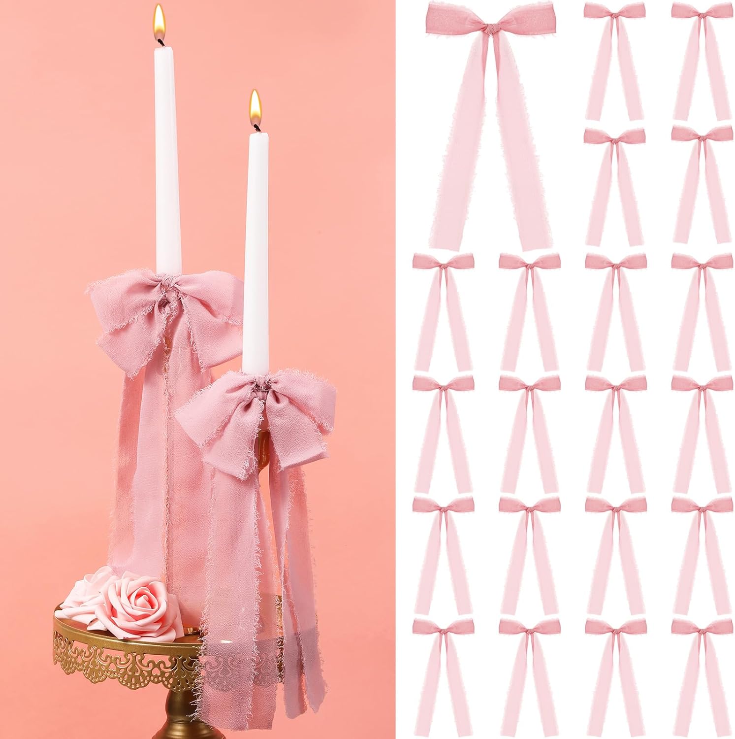 Skiennix 24 Pcs Pink Bow Candlestick Ribbons - Perfect for Cake Decorations & Gift Wrapping | 9.5 Inch