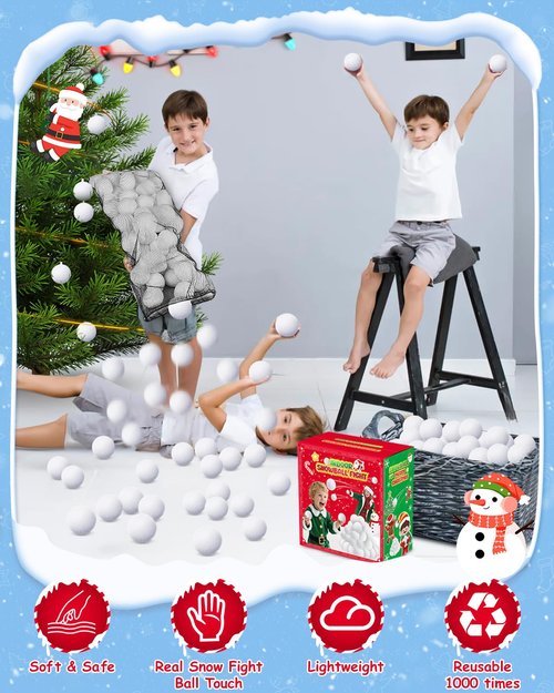 50 Pack Fake Snow Ball, 2-inch Indoor Snow Fight Ball Set, Soft Artificial Snow Fight Balls for Kids, Fake Snowballs for Christmas Games Party Decorations, Indoor Snowballs for Winter School Party