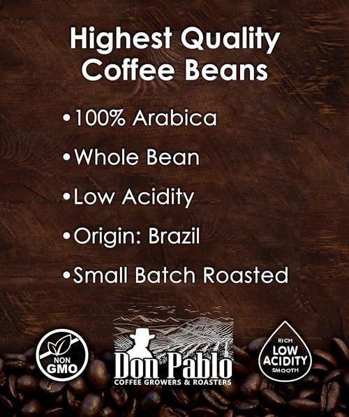 5LB Don Pablo Gourmet Coffee - Brazil Cerrado - Medium Dark Roast - Whole Bean Coffee - 100% Arabica Beans - Low Acidity and Non-GMO - 5lb bag