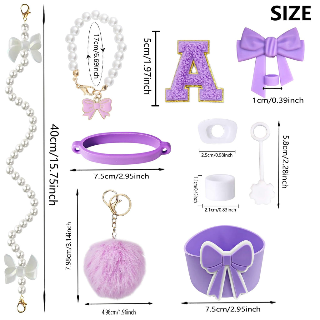 RNFVJH 10PCS Purple Stanley Cup Accessories Set for 30oz 40oz Tumbler with Handle, Includes Pearl Strap, Bow Straw Topper & Boot, Decorations Charms, Letter Sticker, Spill Proof Stoppers(A, Purple)