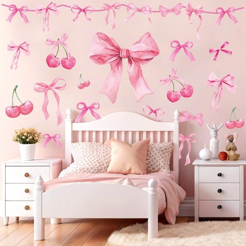 JarThenaAMCS Trendy Pink Bow Wall Stickers Coquette Light Pink Bow Knot Wall Decals Watercolor Room Mural Stickers for Valentine's Day Girls Party Home Bedroom Nursery, 7.9 x 11.8 Inch, 9 Sheets