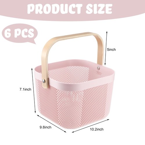 Roshtia 6 Pcs Plastic Mesh Storage Basket with Handle 9.8 x 10.2 x 7.1 Inch Garden Harvest Storage Basket Multi Functional Hanging Organizer for Kitchen Bathroom Picnic Cabinet Home(Pink)