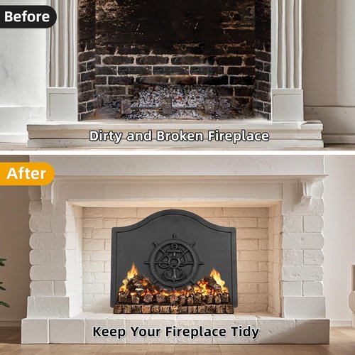 1More Firebacks for Fireplace - Iron Fire Place Back Plates with Feet, 20in Fireplace Heat Reflect, Fireplace Wall Protection.Fireback Decorative Wheel Design