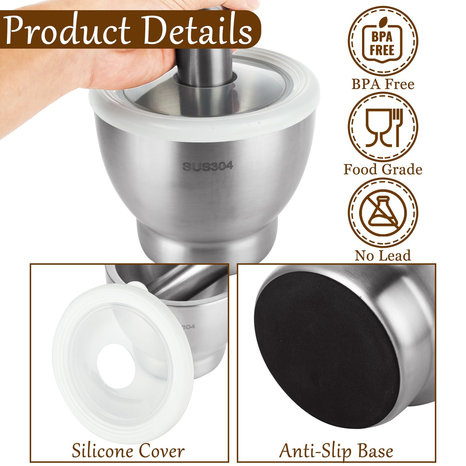 QTLCOHD Large Stainless Steel Mortar and Pestle Set