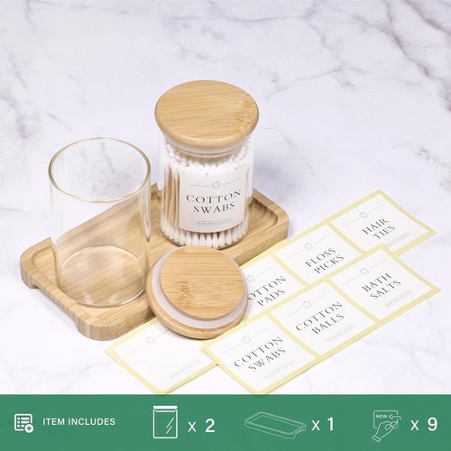 INIUNIK Qtip Holder - 2 Pack Glass Apothecary Jars with Lids for Bathroom Organization | Cotton Ball & Swab Storage