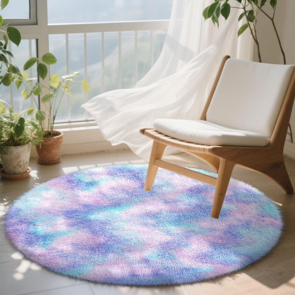 OLANLY Round Purple Rainbow Rug - Soft, Fluffy, Machine Washable 4x4 Feet Area Carpet for Kids' Rooms | Home Decor