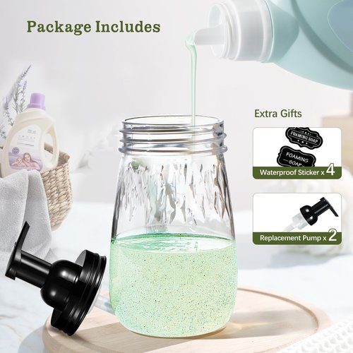 Amolliar 16Oz Foaming Soap Dispenser with Pump Lid, Plastic Refillable Foam Hand Dish Soap Dispenser Set, Clear Diamond Dispenser with Lable for Farmhouse Kitchen Bathroom (2 Pack, Black)
