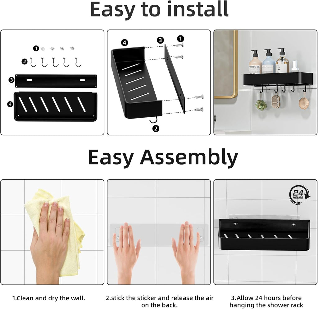 Wisfame Shower Caddy - No Drill Rustproof Aluminum Bathroom Shelf | 2 Pack Large Capacity with 5 Hooks - Black
