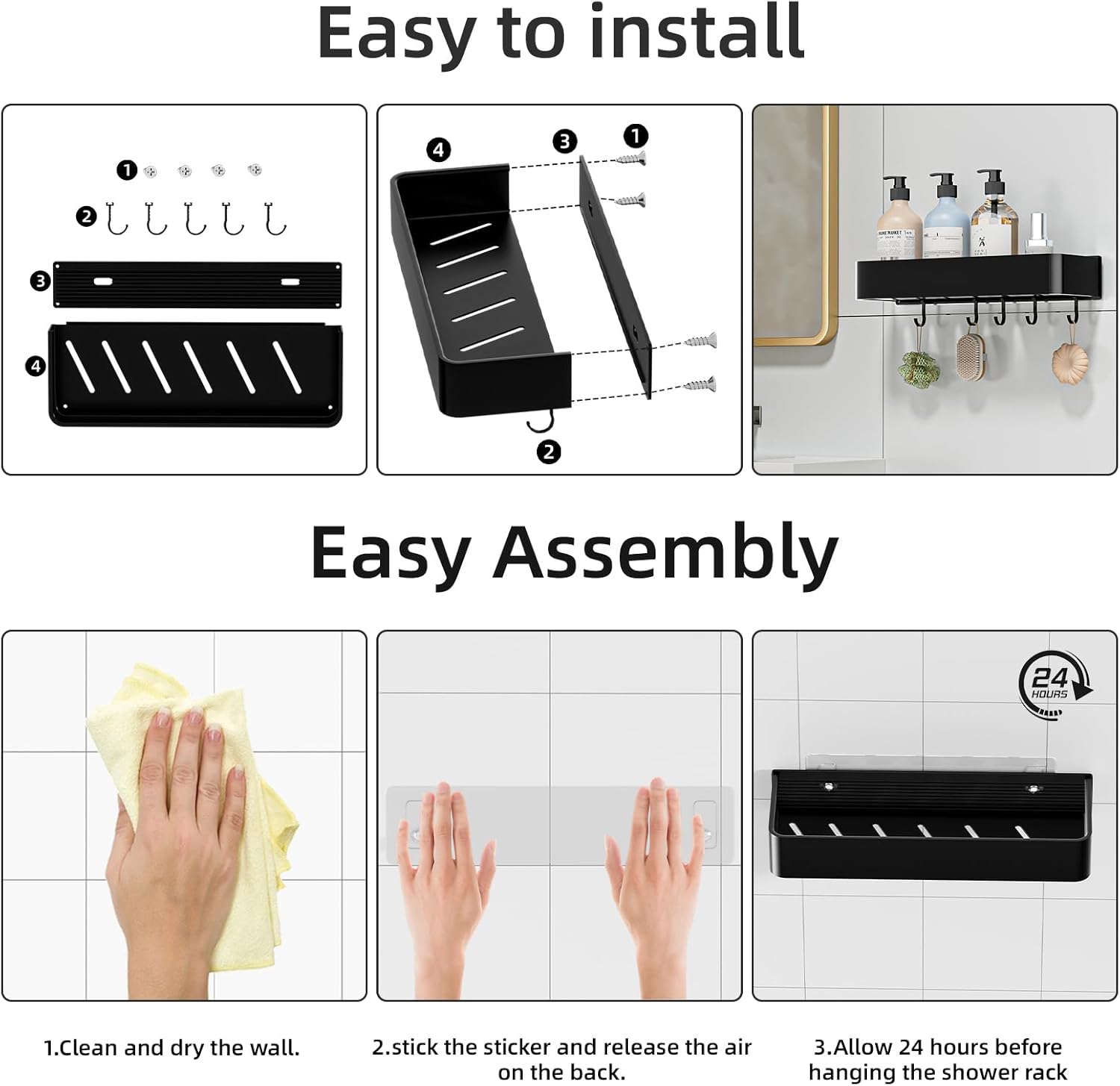 Wisfame Shower Caddy - No Drill Rustproof Aluminum Bathroom Shelf | 2 Pack Large Capacity with 5 Hooks - Black