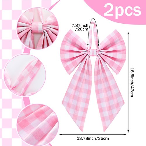 Suncalla 2 Pcs Pink Plaid Wreath Bow 19.6'' x 11.8'' Coquette Front Door Hanger Cute Bow Wreath Accessories Xmas Party Yard Doorway Indoor Outdoor Wall Decoration