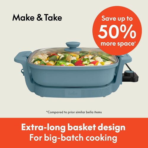 Bella Make & Take Electric Skillet - Adjustable Temperature, Dishwasher-Safe Lid, 1200 Watt, Surf Color