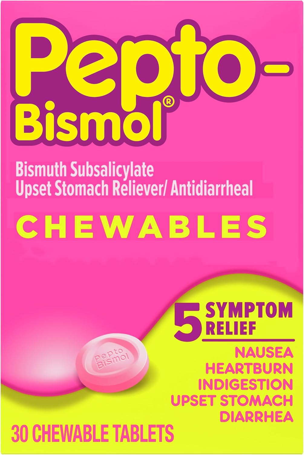 Pepto Bismol Chewable Tablets - Fast Upset Stomach Relief & Nausea Control | 30 Count