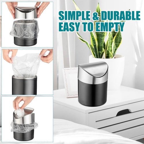 Yiyiring 2 Pcs Desk Trash Can with Swing Lids, 12 Rolls of Trash Bags, 2L Brushed Stainless Steel Countertop Garbage Bin Small Wastebasket with Lid for Office Desk, Coffee Table(Matte Black)