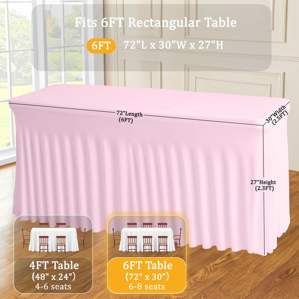 JCJ Table Skirt for Rectangle Tables Set of 2 Spandex Fitted Pink Tablecloths for 6FT Tables, Wrinkle Resistant Ruffles Elastic Table Cover Skirts for Weddings Banquets Parties Teacher Desk