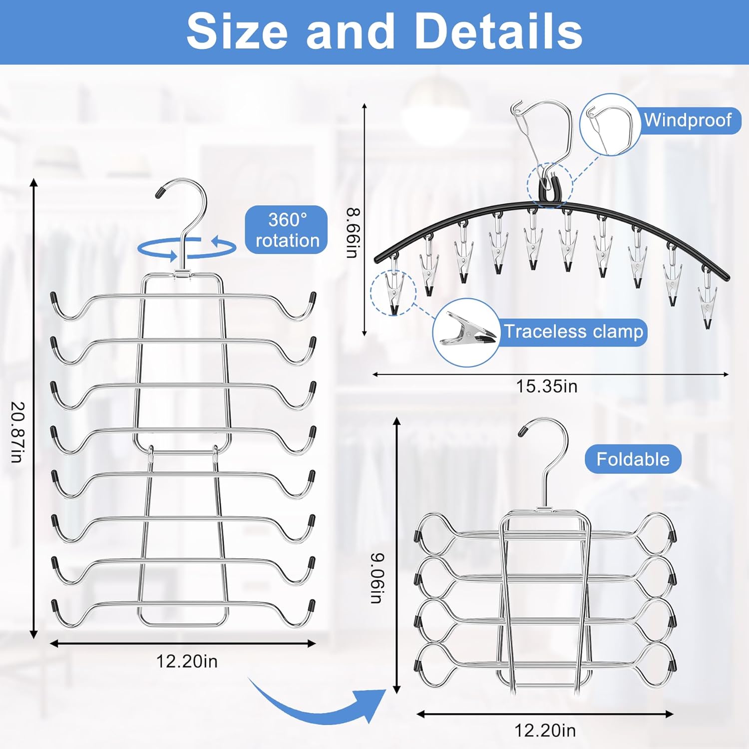Skiennix Legging Hangers - Space-Saving Closet Organizer with 10 Clips & Tank Top Hanger | 2 Pack