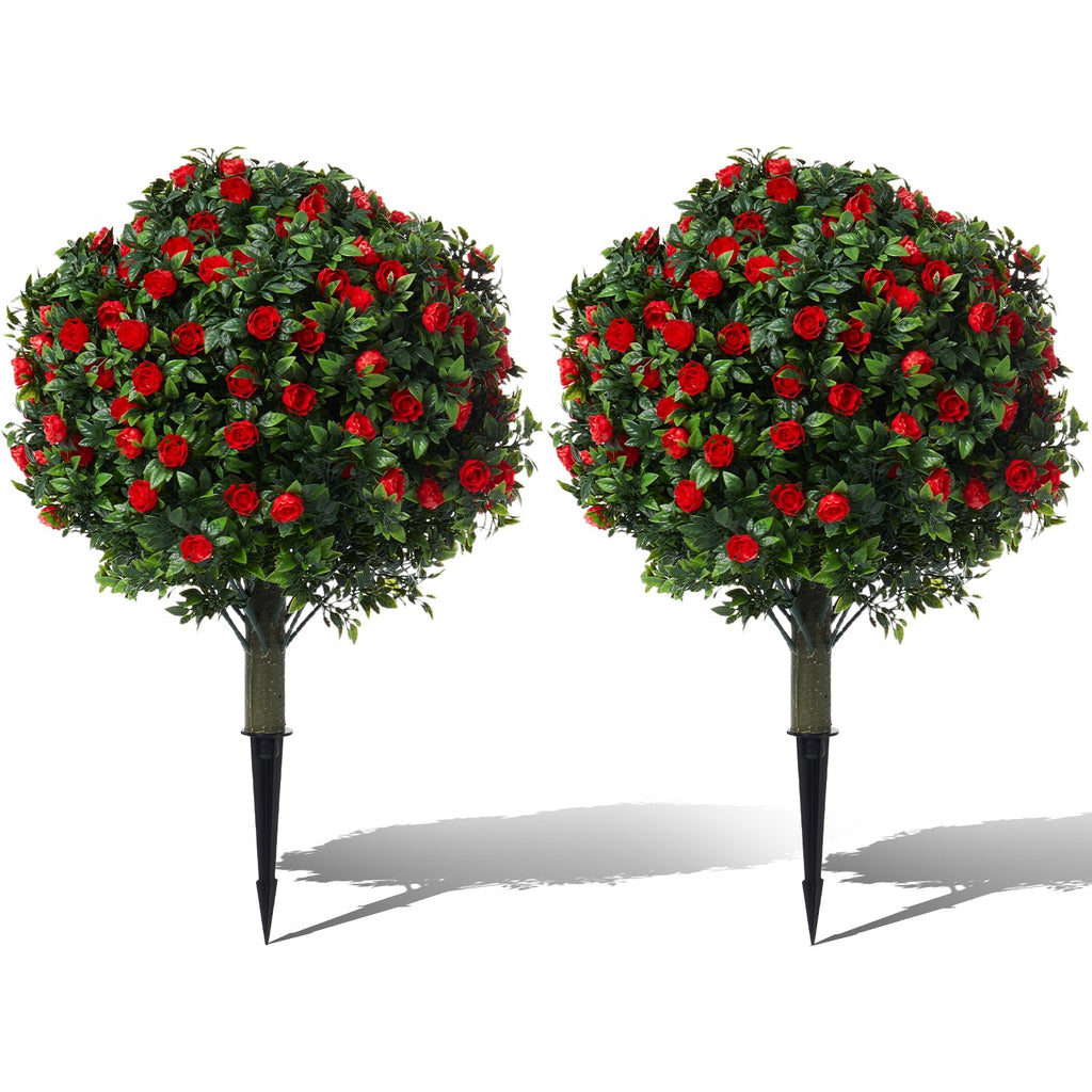 24" Artificial Boxwood Topiary Ball Trees with Red Rose,w/Ground Spike, Set of 2 UV Resistant Fake Evergreen Shrubs Bushes Plants for Artificial Plants,Fake Plants for Front Porch,Garden,Yard