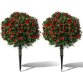 24" Artificial Boxwood Topiary Ball Trees with Red Rose,w/Ground Spike, Set of 2 UV Resistant Fake Evergreen Shrubs Bushes Plants for Artificial Plants,Fake Plants for Front Porch,Garden,Yard