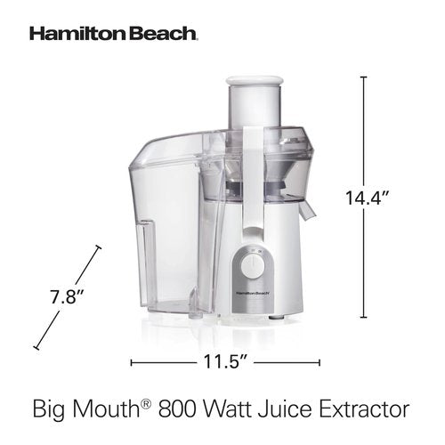 Hamilton Beach Juicer Machine, Big Mouth 3” Feed Chute for Whole Fruits and Vegetables, Easy to Clean, Centrifugal Extractor, Vegetable & Fruit Juicer, BPA Free, 800W Motor, White