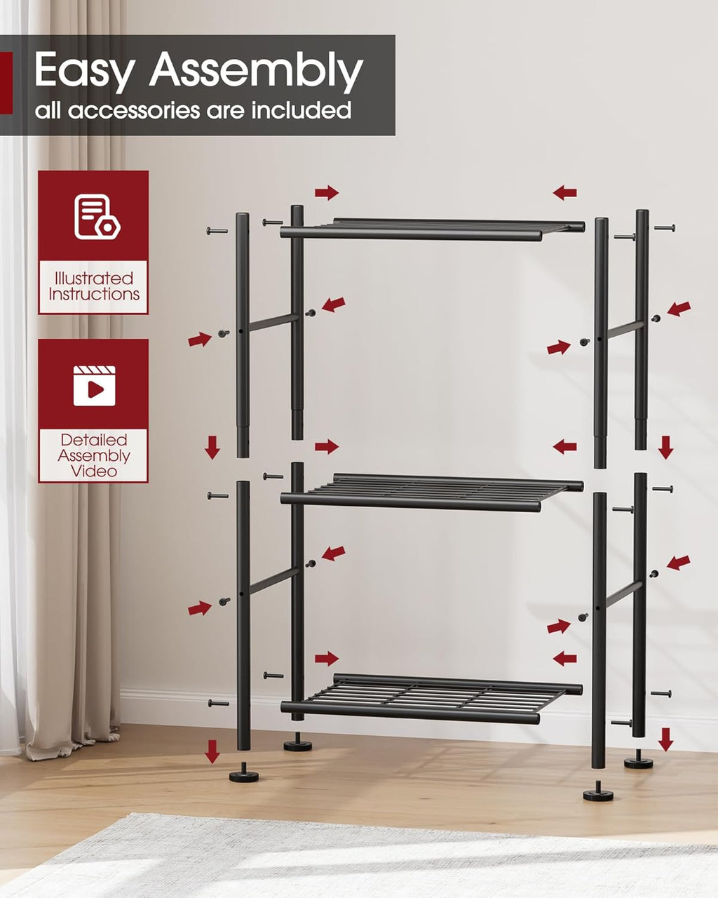 Sakugi Storage Shelves - Sturdy 3-Tier Metal Organizer with Adjustable Feet | Space-Saving Black Shelving (18" x 12" x 30")