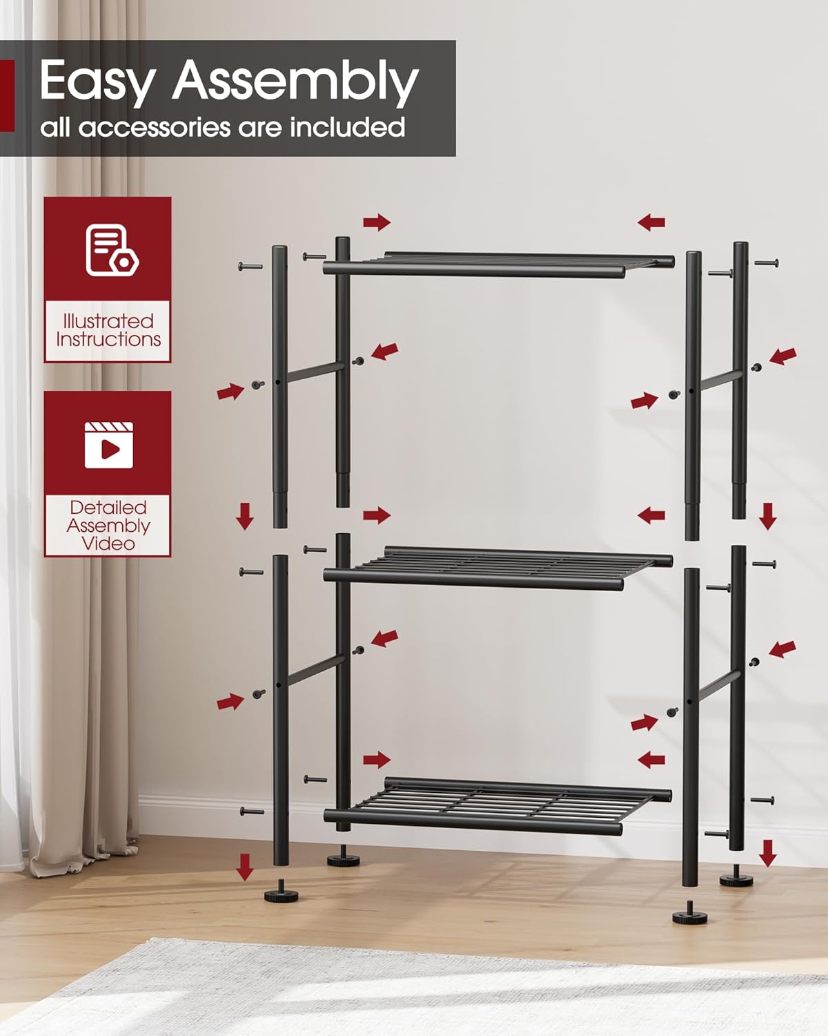 Sakugi Storage Shelves - Sturdy 3-Tier Metal Organizer with Adjustable Feet | Space-Saving Black Shelving (18" x 12" x 30")