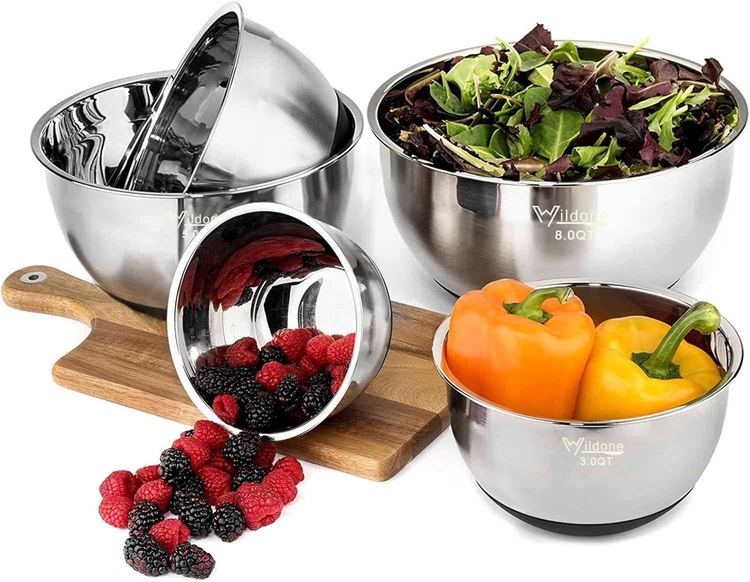Wildone Mixing Bowls Set of 5 - Stainless Steel with Airtight Lids & Non-Slip Silicone Bottoms | 1.5 to 8 QT