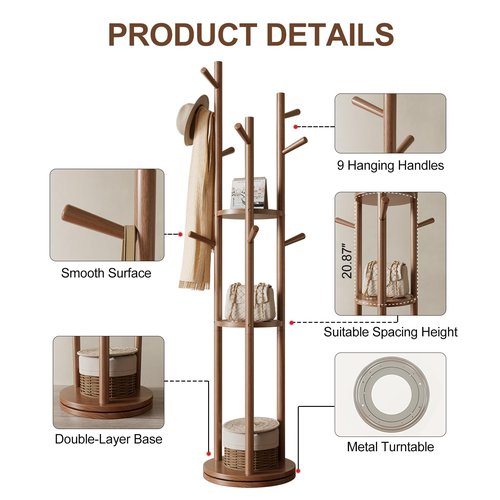 Muwuele Solid Wood Rotary Coat Rack, Freestanding Coat Rack with 3 Shelves and 9 Hooks, Coat tree for Bedroom, Entryway, Livingroom, Coat Hanger Stand for Coats, Scarves, Handbags (Walnut)