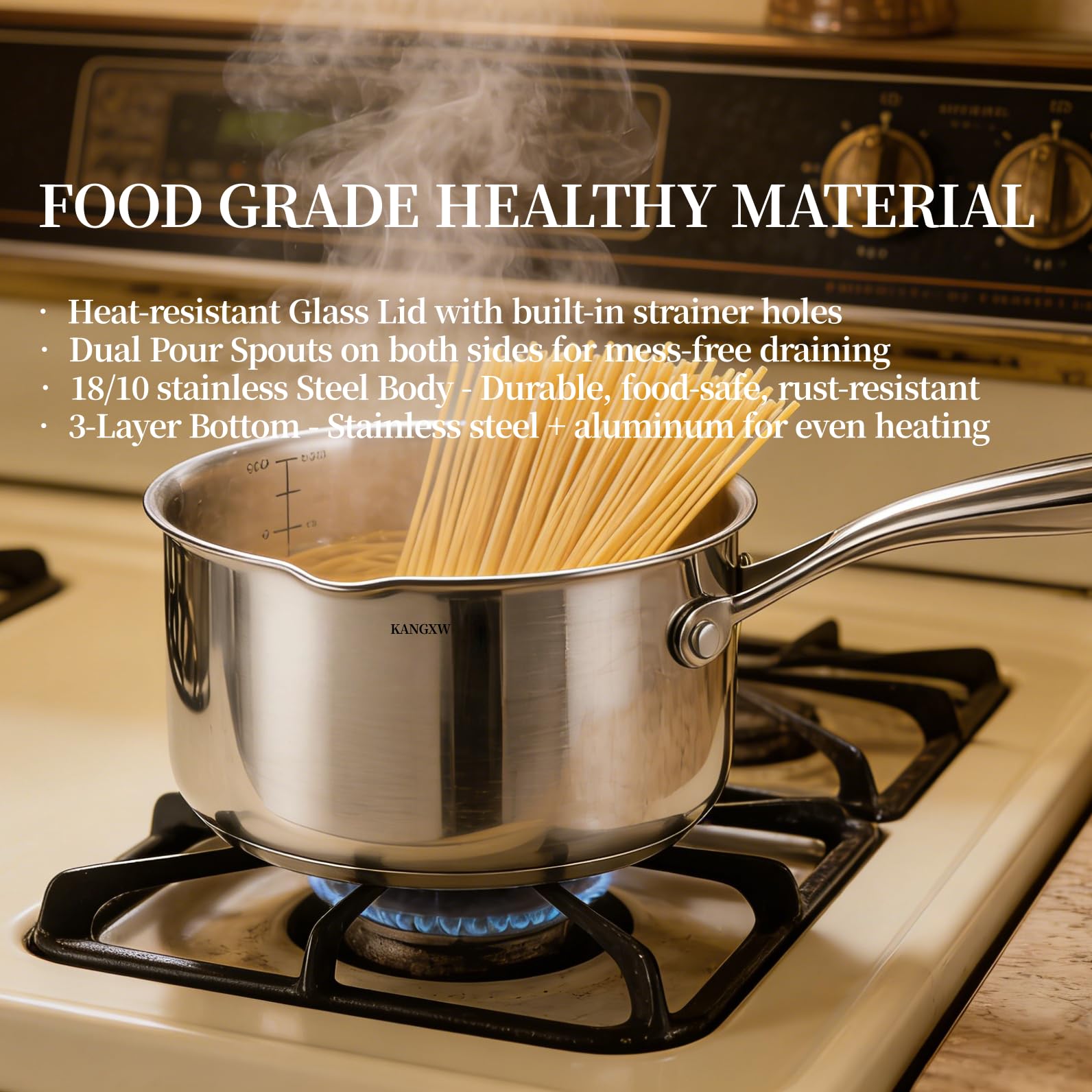 KANGXW 2.0 Quart Stainless Steel Saucepan With steamer,With Pour Spout and Filter Glass Lid Milk Pan, Sauce, Gravy, Pasta Stock Pot For All Stovetops