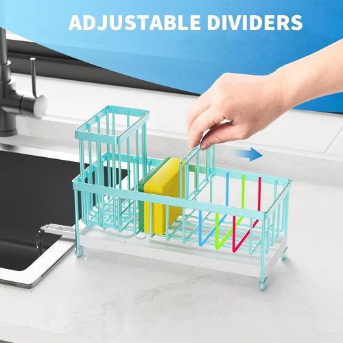 Cisily Kitchen Sink Caddy Organizer - Durable 304 Stainless Steel with High Brush Holder | Teal, 9.25”