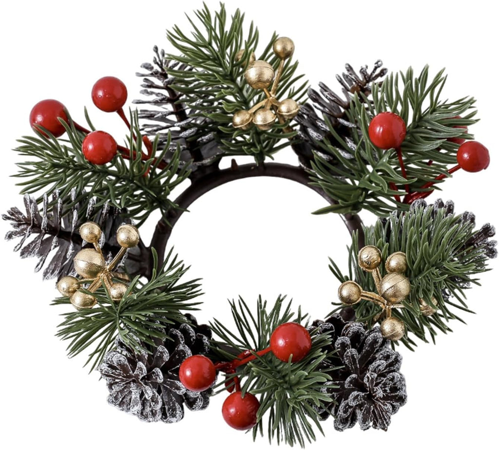 Skiennix Christmas Candle Rings - Elegant Gold & Red Floral Wreaths with Pinecones | Set of 2