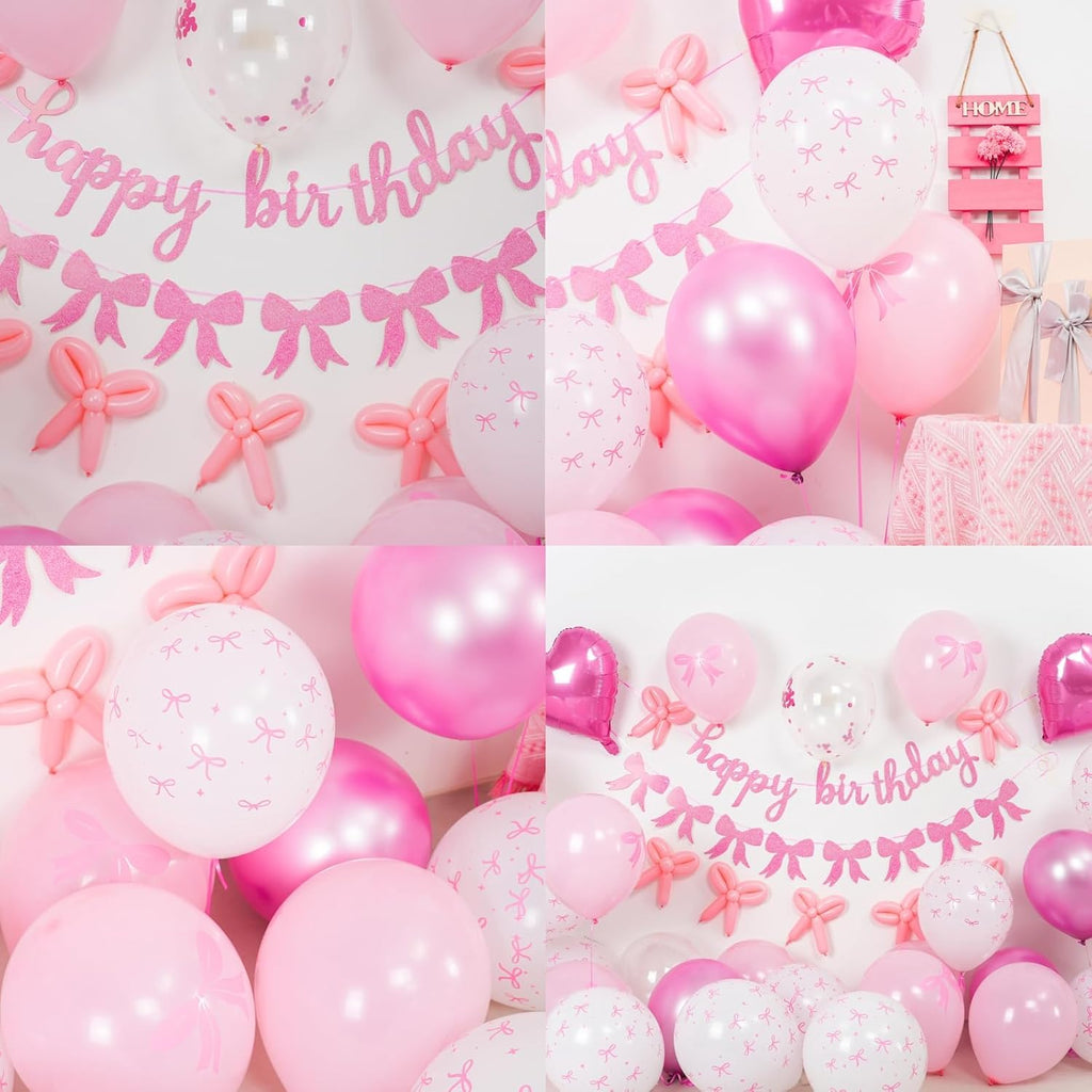 Skiennix Pink Bow Birthday Decorations - Coquette Party Set with Happy Birthday Banner & Heart Foil Balloons