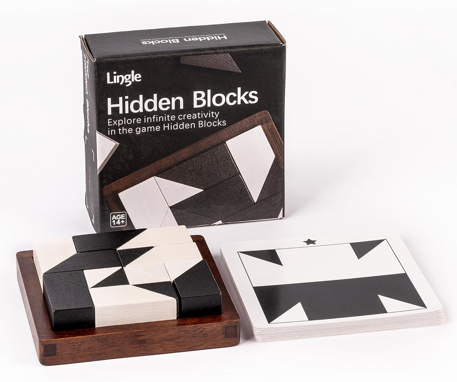 Wooden Hidden Blocks Puzzle Game - 80 Brain Challenges with Solid Wood Box | Deluxe Black & White Pieces