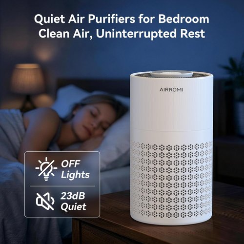 AIRROMI Air Purifier - 3-in-1 HEPA Filter for Bedrooms | Covers Up to 990 Ft² - Quiet 360° Air Cleaner in White