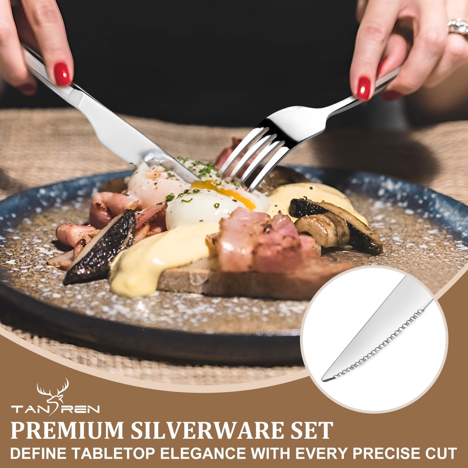 TAN REN Silverware Set for 8, 40-Piece Stainless Steel Flatware Sets, Heavy Duty Forks and Spoons Silverware Set with Dinner Knives, Mirror Polished Cutlery Sets, Dishwasher Safe Kitchen Utensils