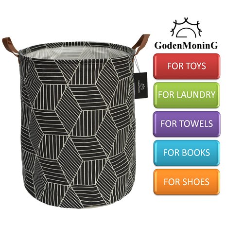 GodenMoninG laundry baskets,bedroom hamper,kitchen organization,Waterproof Round Cotton Linen Collapsible storage basket.-Black Geometric