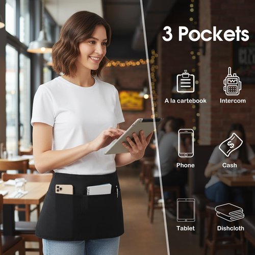 BOHARERS 100% Cotton Server Aprons 3 Pack Waiter Waitress Apron Short Apron with Pockets Restaurant BBQ 12 Inch Black