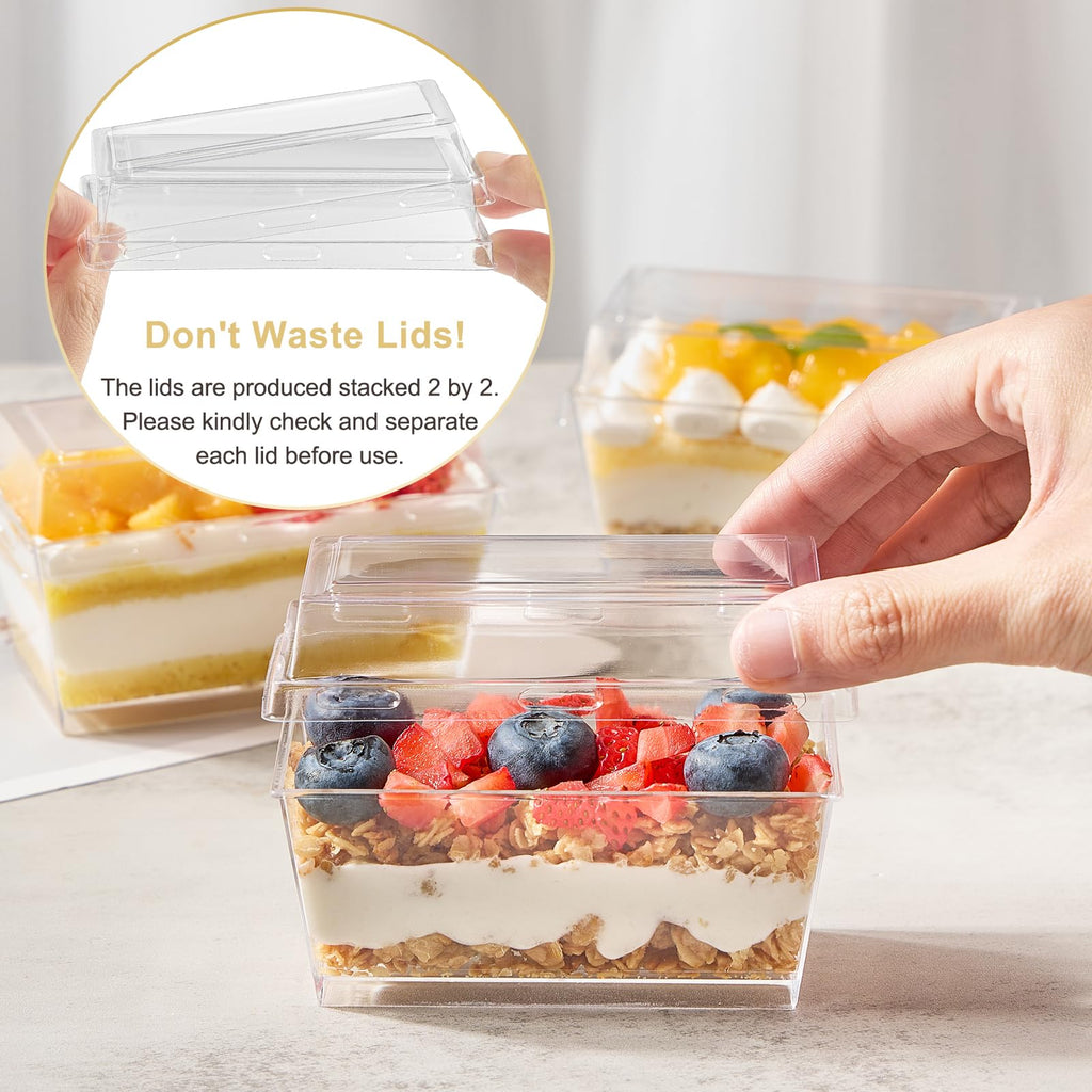 TOFLEN 50 Pack 5 oz Dessert Cups with Lids and Spoons, Mini Clear Plastic Parfait Cups, Rectangle Party Serving Bowls for Parfait, Appetizers, Mousse, Pudding