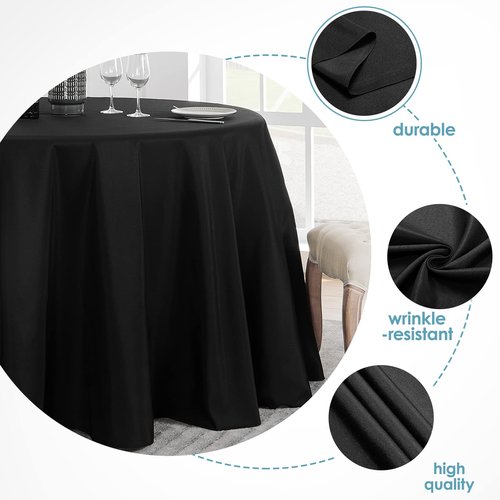 VidaFete 6 Pack 120inch Round Tablecloth Polyester Table Cloth，Stain Resistant and Wrinkle Polyester Dining Table Cover for Kitchen Dinning Party Wedding Rectangular Tabletop Buffet Decoration(Black)