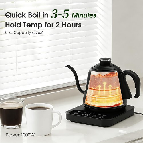 Gooseneck Electric Kettle Temperature Control: ±1℉ Precise Target & Keep Warm, Quick Heating 316L Stainless Steel Electric Kettles for Boiling Water, Pour Over Coffee, Brew Tea & Milk, 1000W/0.8L